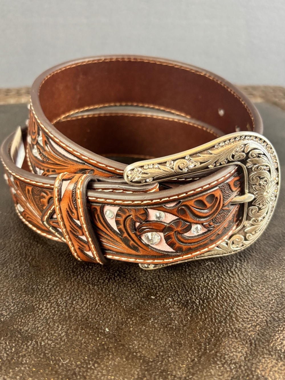 Ariat Brown Leather Tooled Western Belt Pink Inlay Rhinestones Size S 38" L